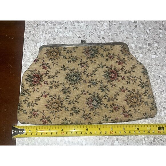 Tapestry Floral Clutch Kiss Closure Bag Purse Vintage Gold Tone Hardware 12 x 8" - Picture 4 of 11